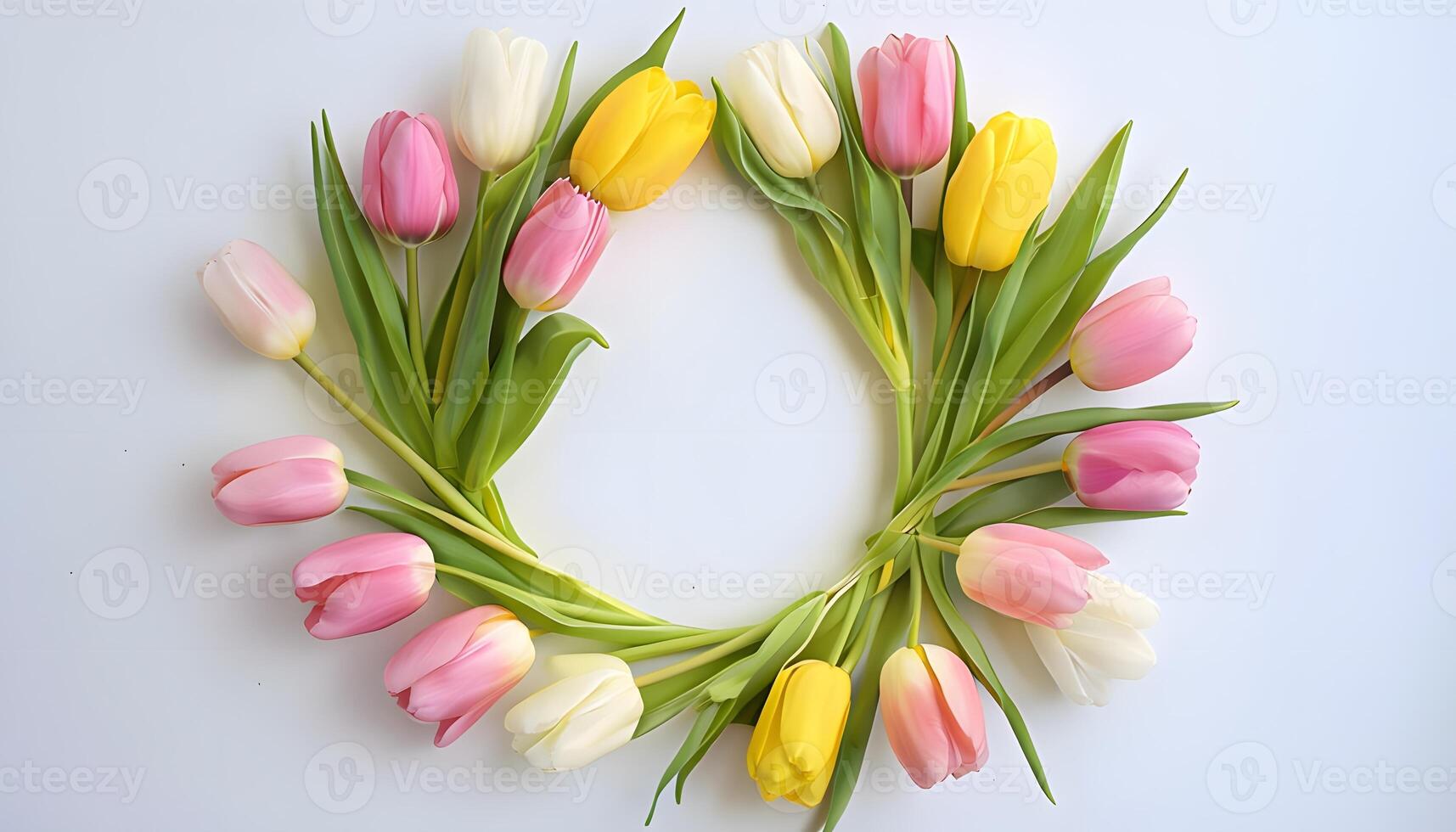 A wreath of pink and yellow tulips is arranged in the shape of a letter photo