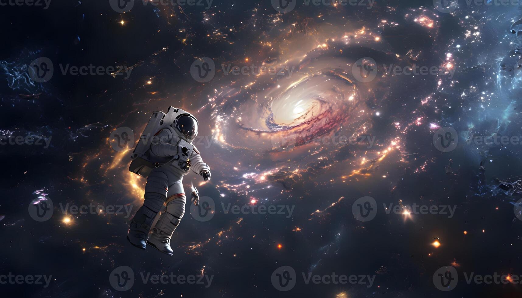 An astronaut in space looking at a galaxy photo