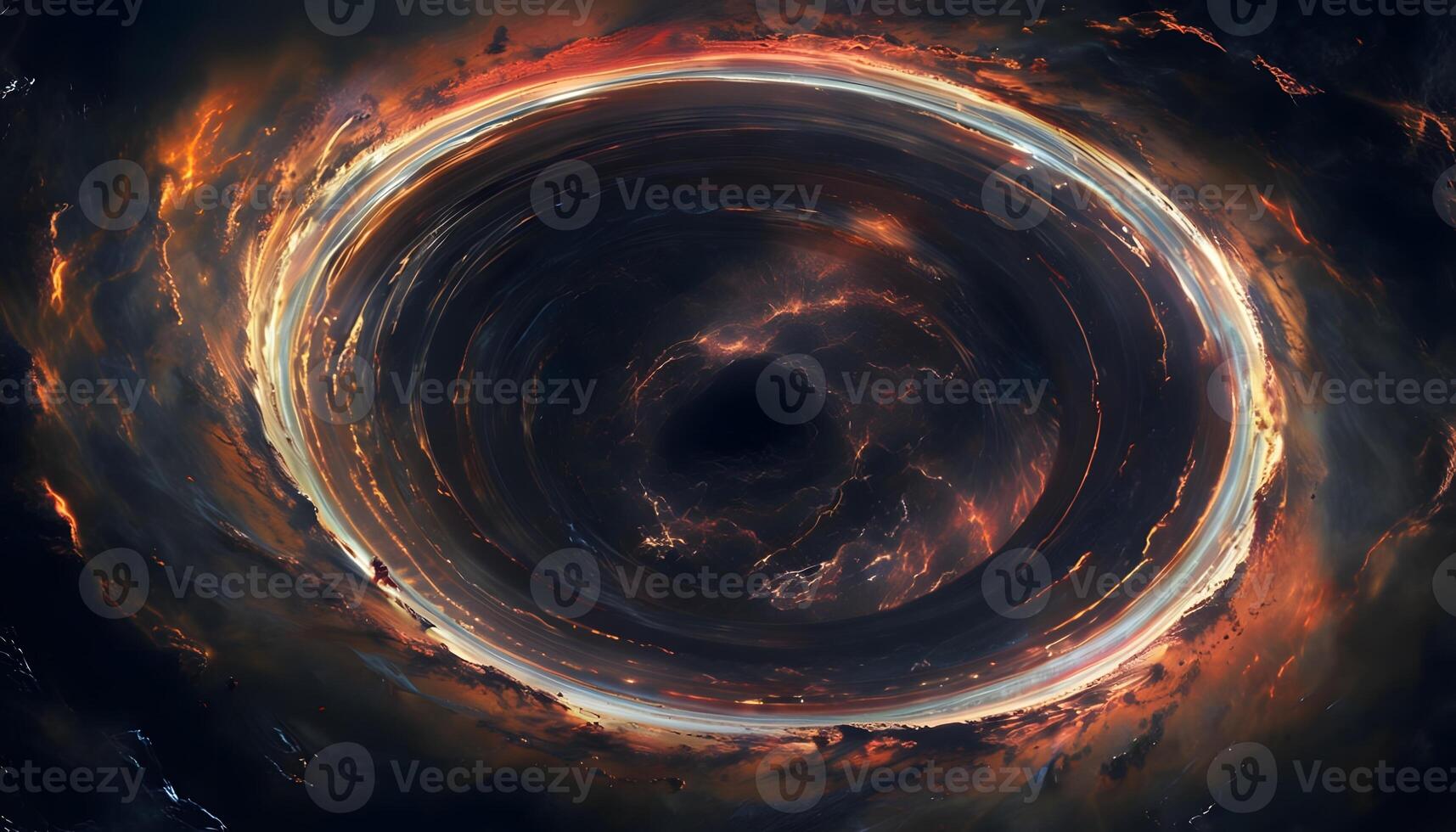 A black hole is seen in the center of a dark space photo
