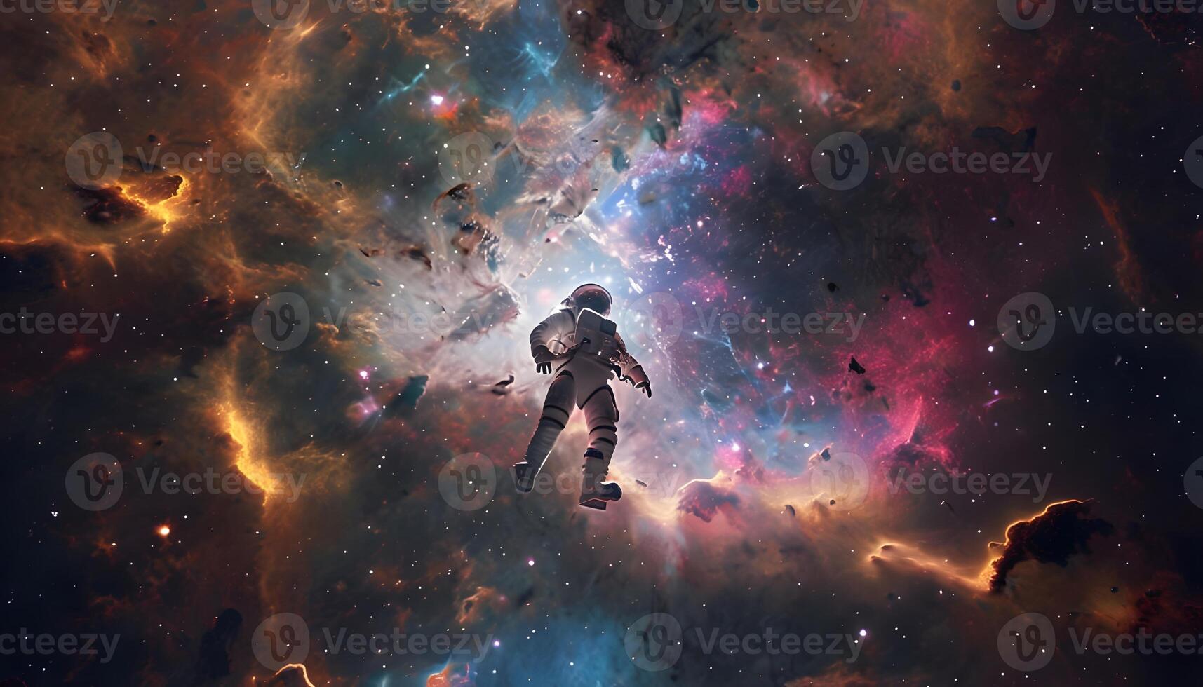 An astronaut standing in space looking at the galaxy photo