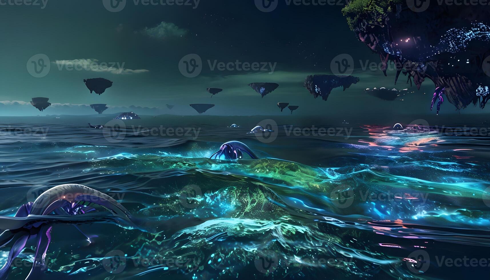 A scene of a dark ocean with some floating creatures photo