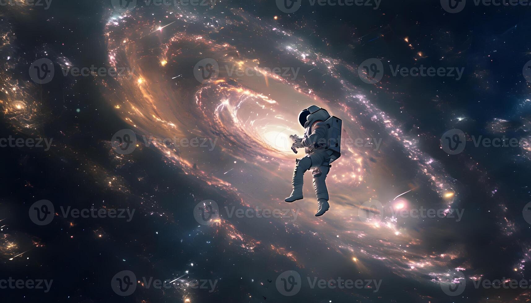 A man floating in space with a galaxy in the background photo