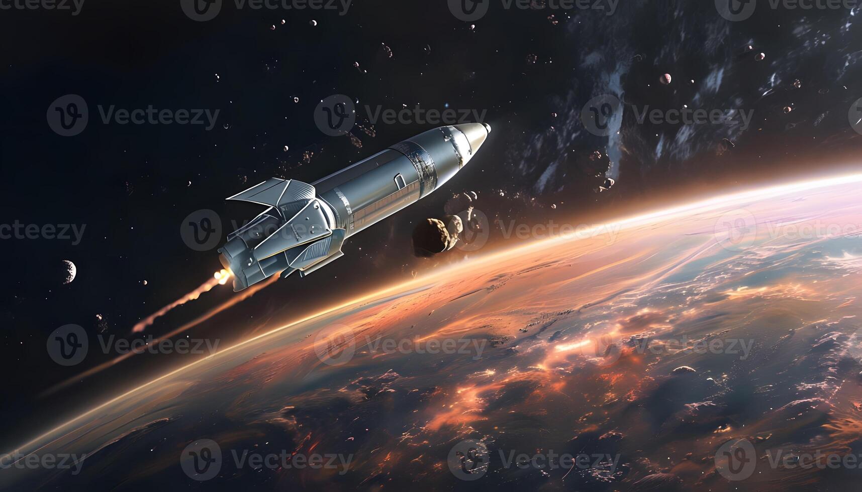 An artist's rendering of a space ship flying over the earth photo