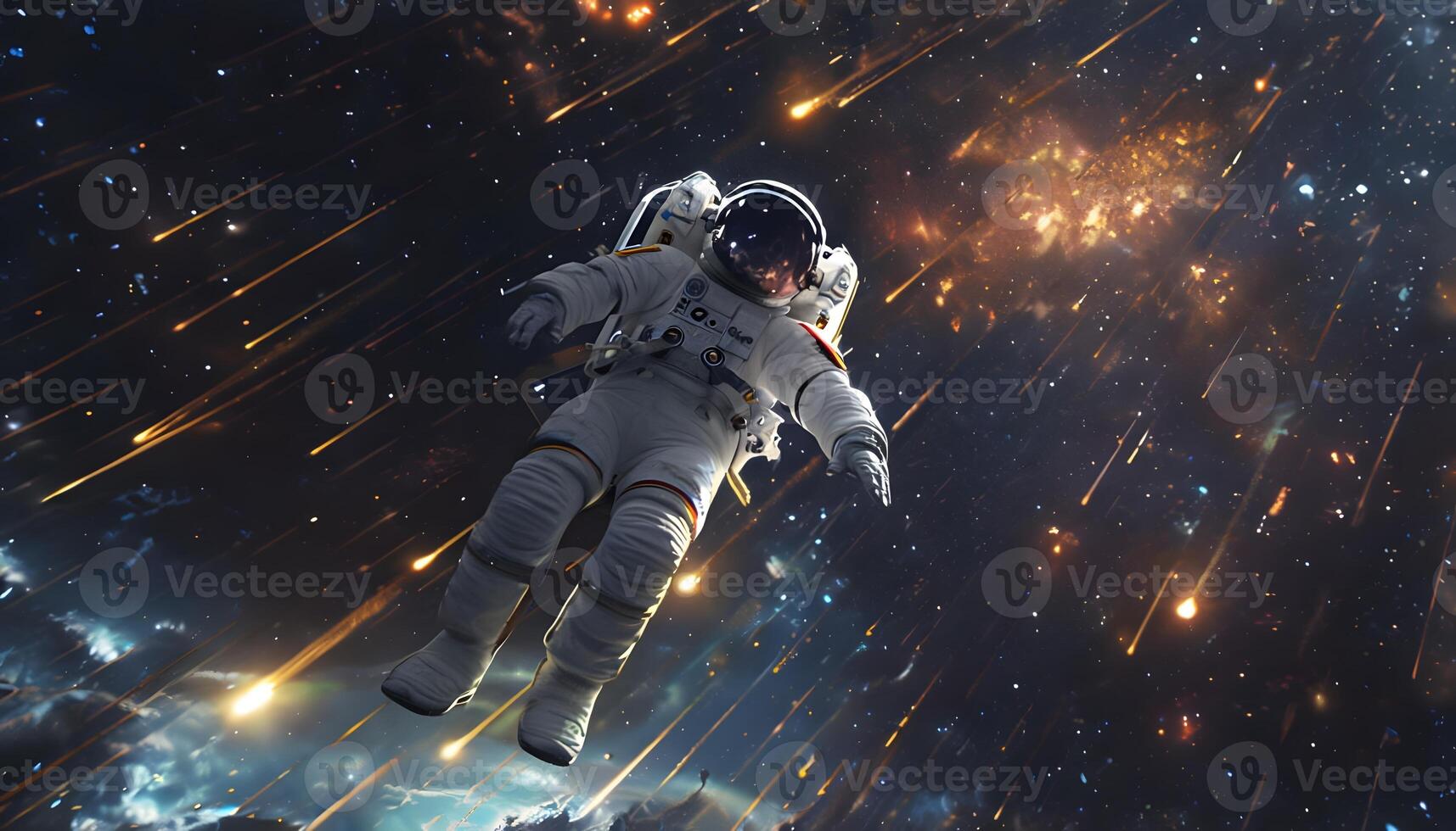 An astronaut floating in space with stars and meteors photo