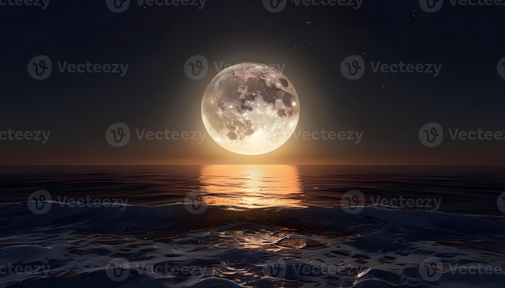 A full moon is seen over the ocean at night photo