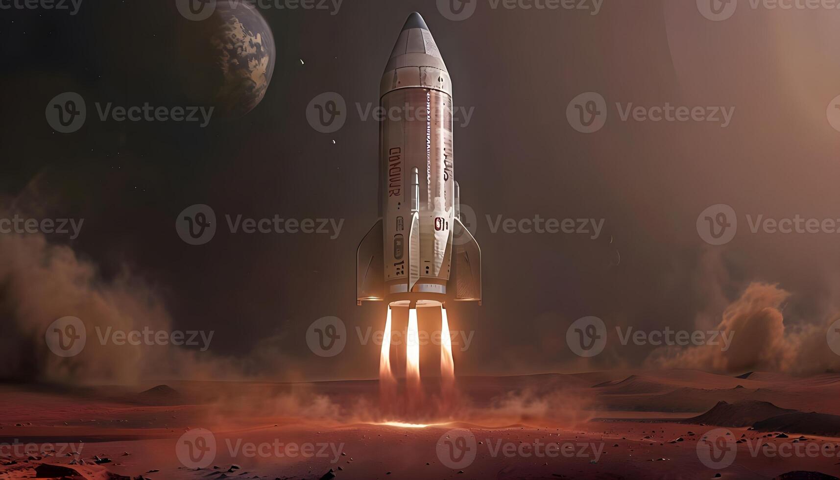A rocket is taking off from the surface of mars photo