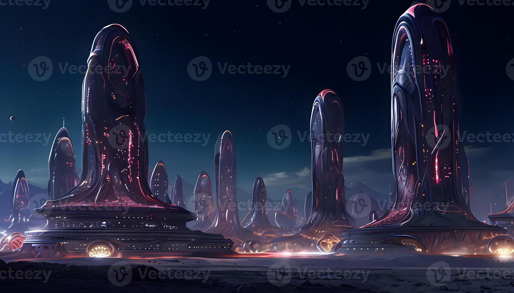 A futuristic city with many futuristic buildings photo