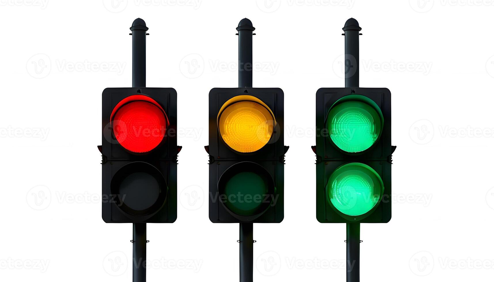 Three traffic lights with green, red and yellow lights photo