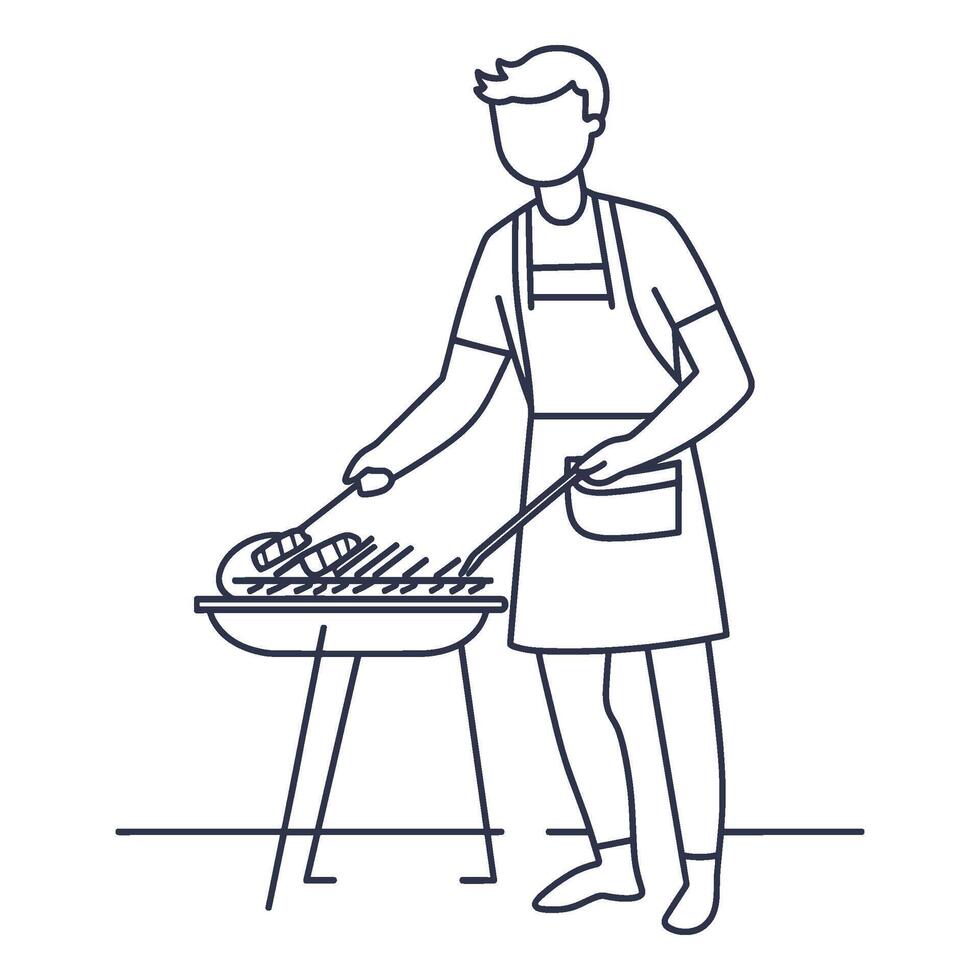 Man Cooking on Grill with Skewers in Line Art vector
