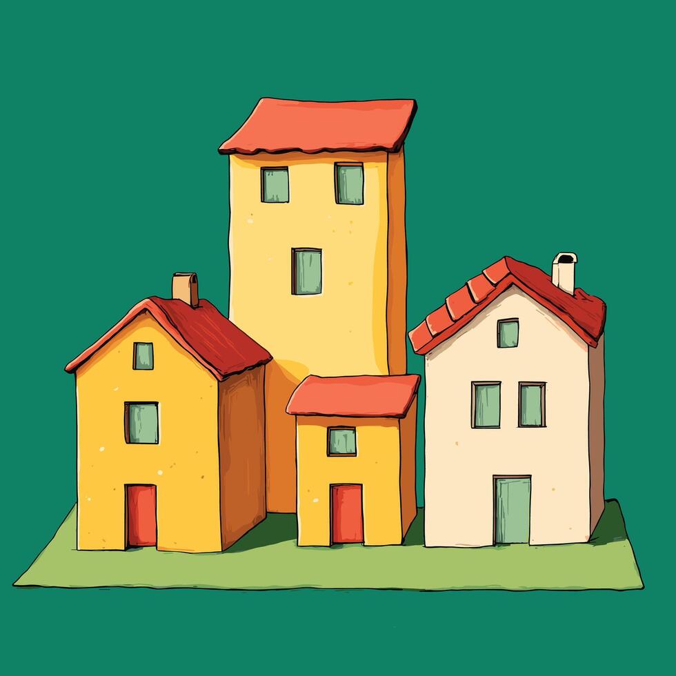 Cluster of Cartoon Houses on a Green Background vector