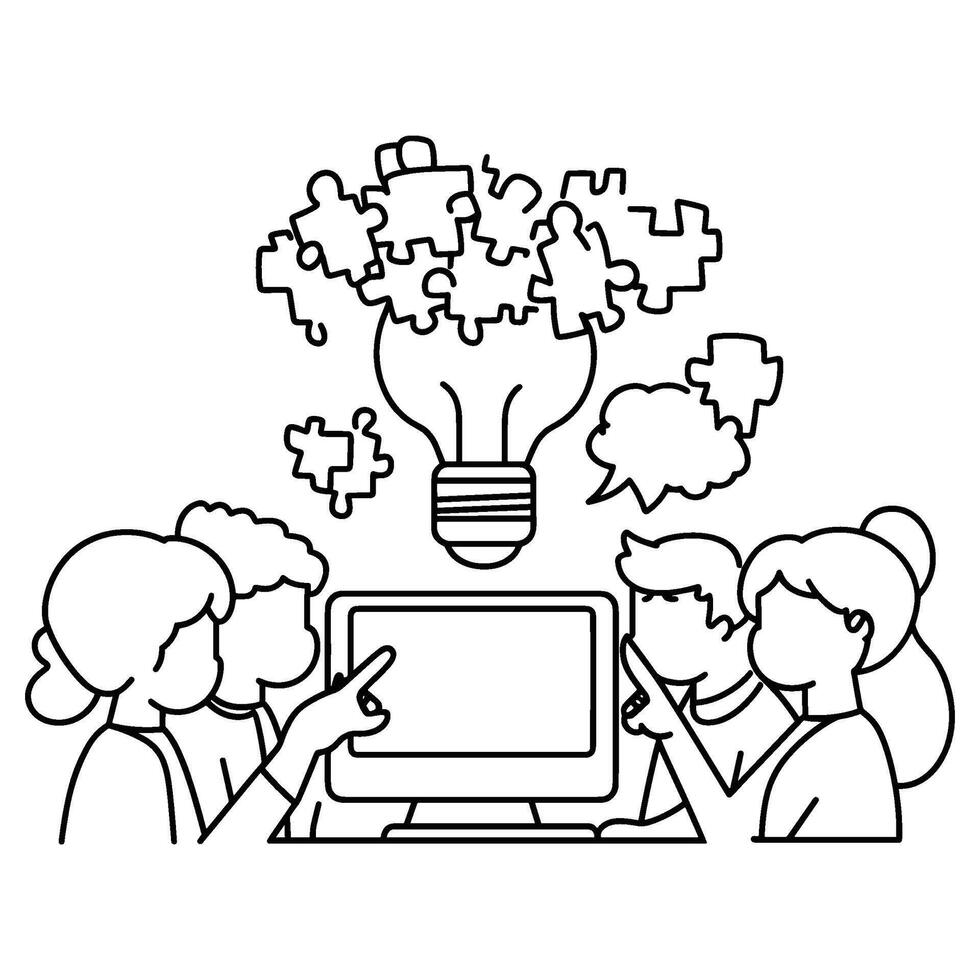 Brainstorming Team Around a Large Idea Light Bulb vector