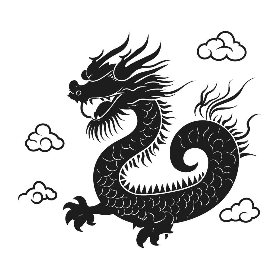 Black Dragon with Intricate Design and Clouds vector