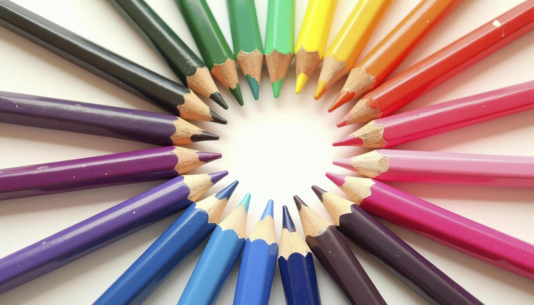 A creative arrangement of colored pencils forming a perfect circular pattern, with their sharpened tips facing inward photo