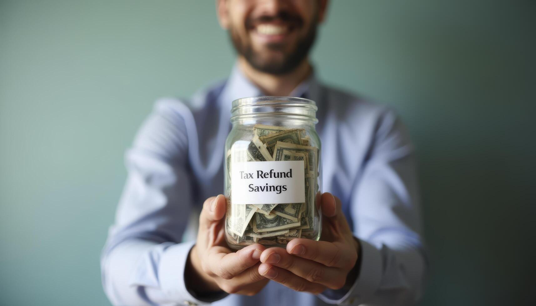 A person holding a jar labeled Tax Refund Savings filled with cash, symbolizing financial planning and smart tax management photo