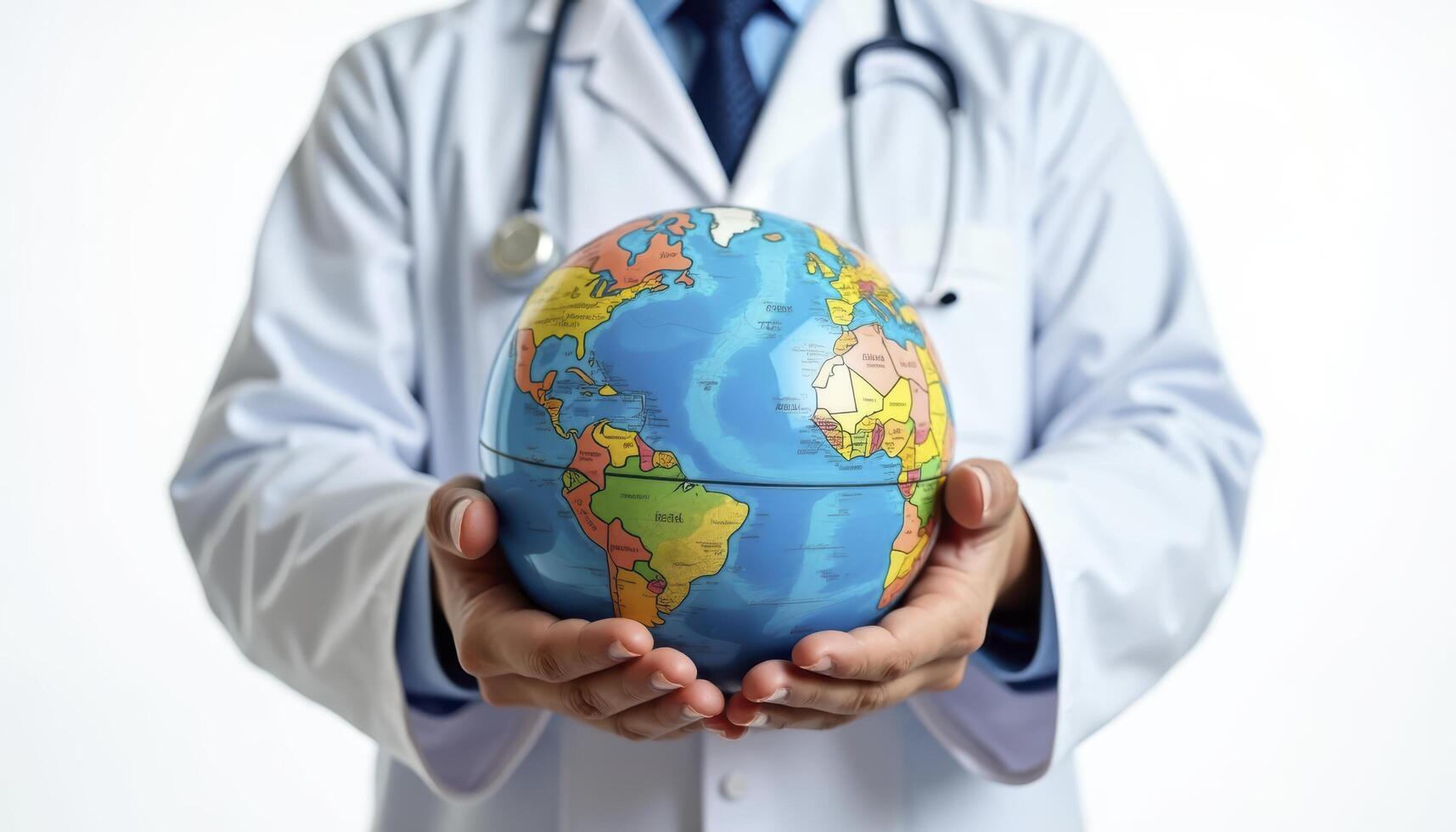 Doctor holding a globe, symbolizing global healthcare. Suitable for medical, travel, and global awareness concepts in design projects. photo