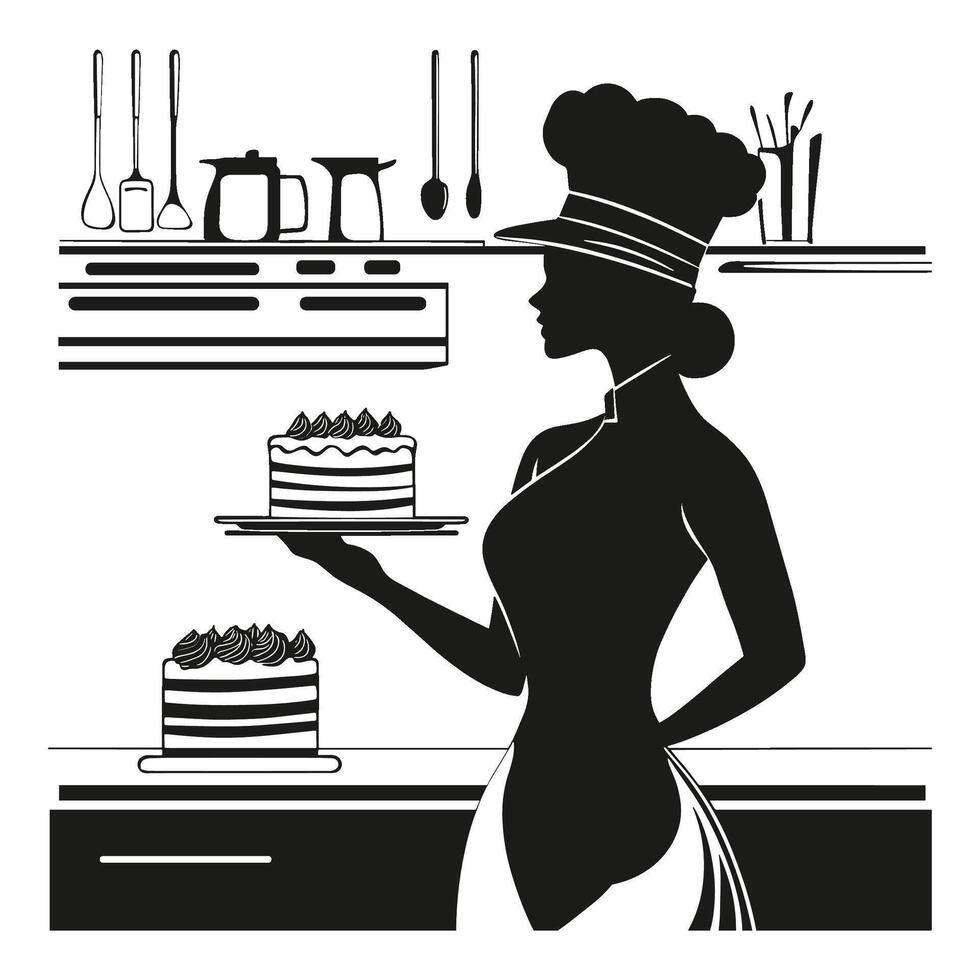 Chef Silhouette Preparing Desserts in a Modern Kitchen vector