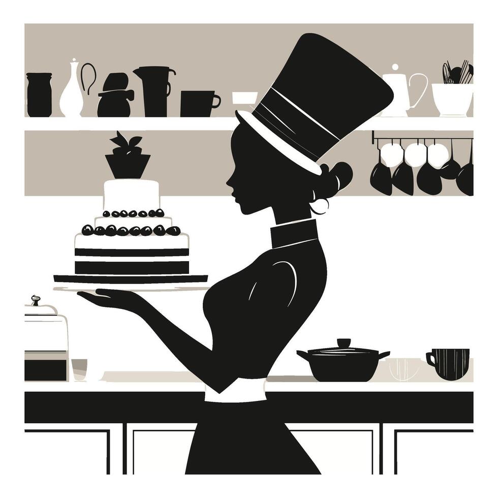 Chef Silhouette Holding a Cake in a Professional Kitchen Setting vector