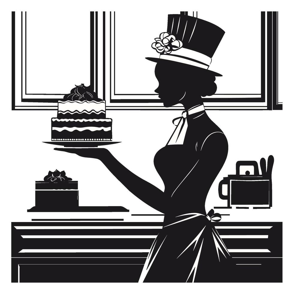 Chef Silhouette Carrying a MultiLayered Cake in a Kitchen vector
