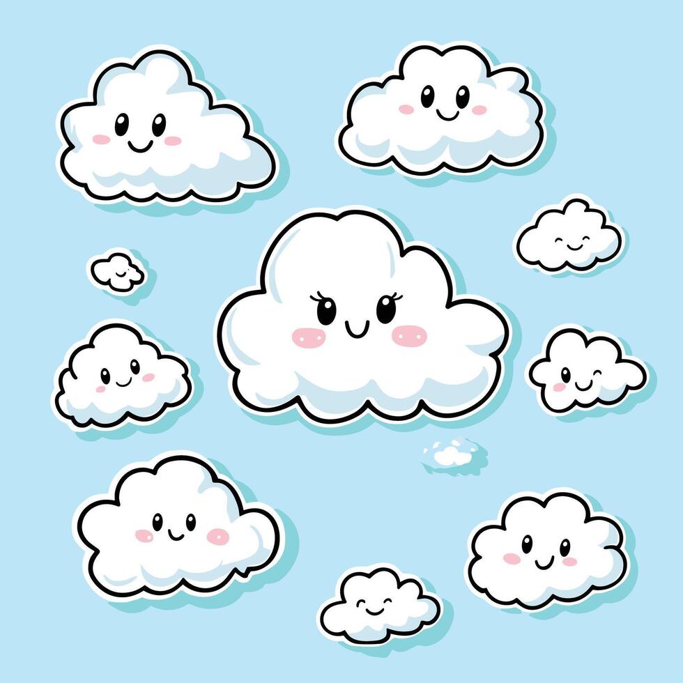 Smiling Cartoon Clouds on a Light Blue Background vector