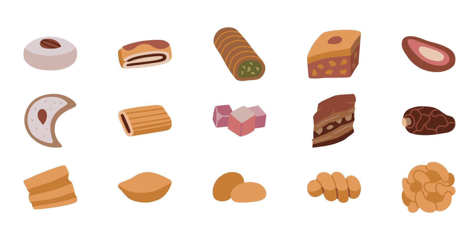 Set of assorted Middle Eastern dessert. vector