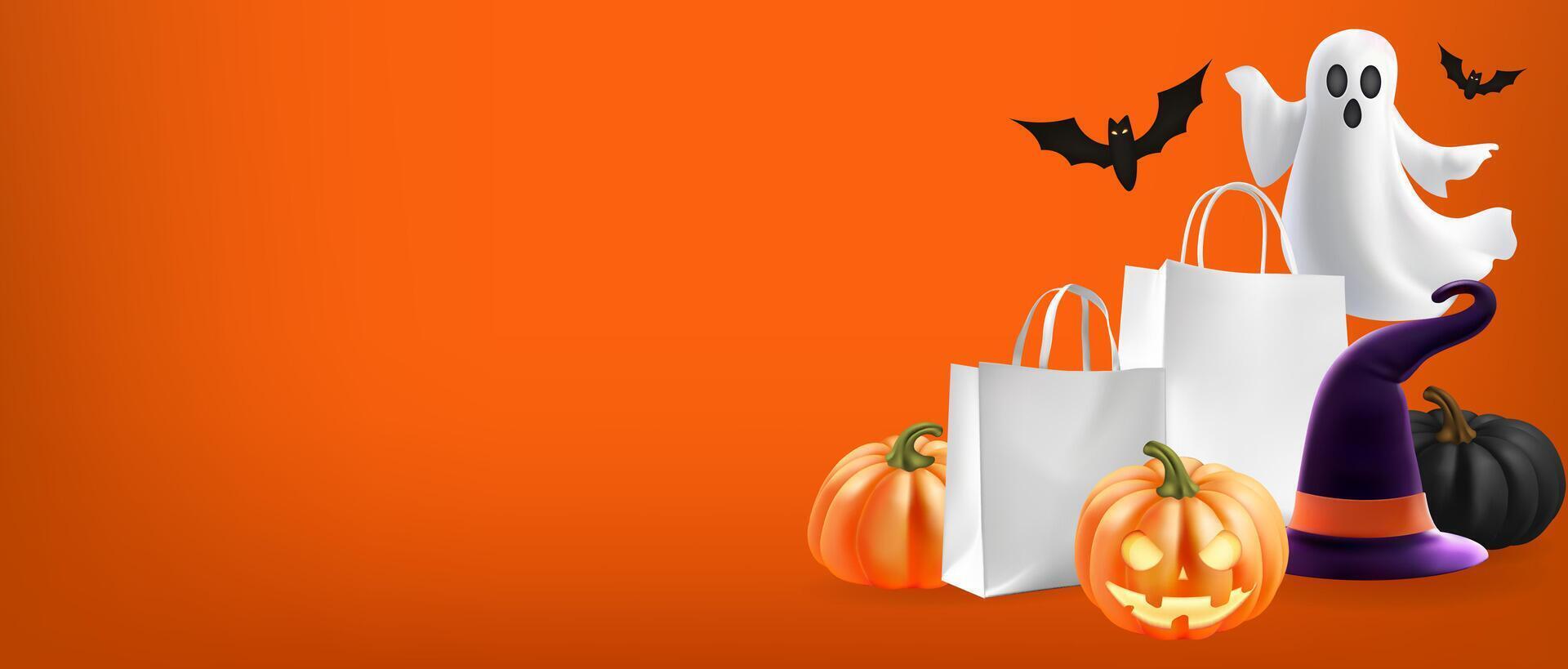 Halloween product display for presentation banner background. Spooky ghost with Jack o lantern Minimal vector