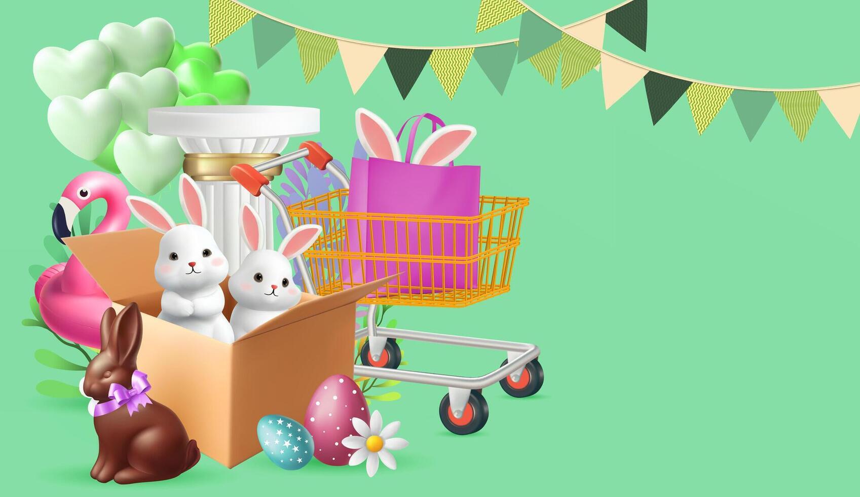 Easter poster and banner template with Easter eggs in the nest on background.Greetings and presents for Easter Day in flat lay styling.Promotion and shopping template for banner vector