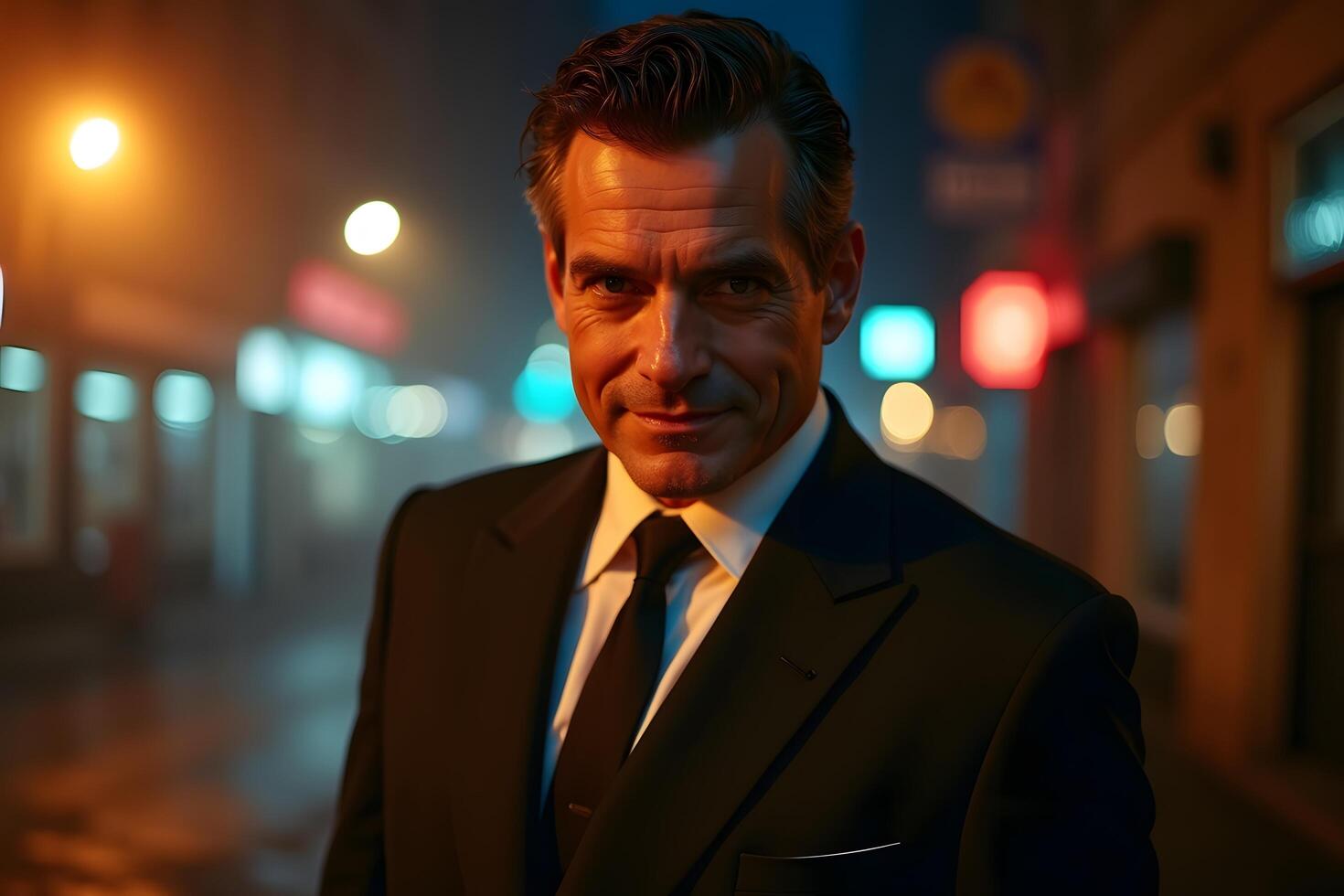A man in a suit and tie standing in the middle of a city street photo