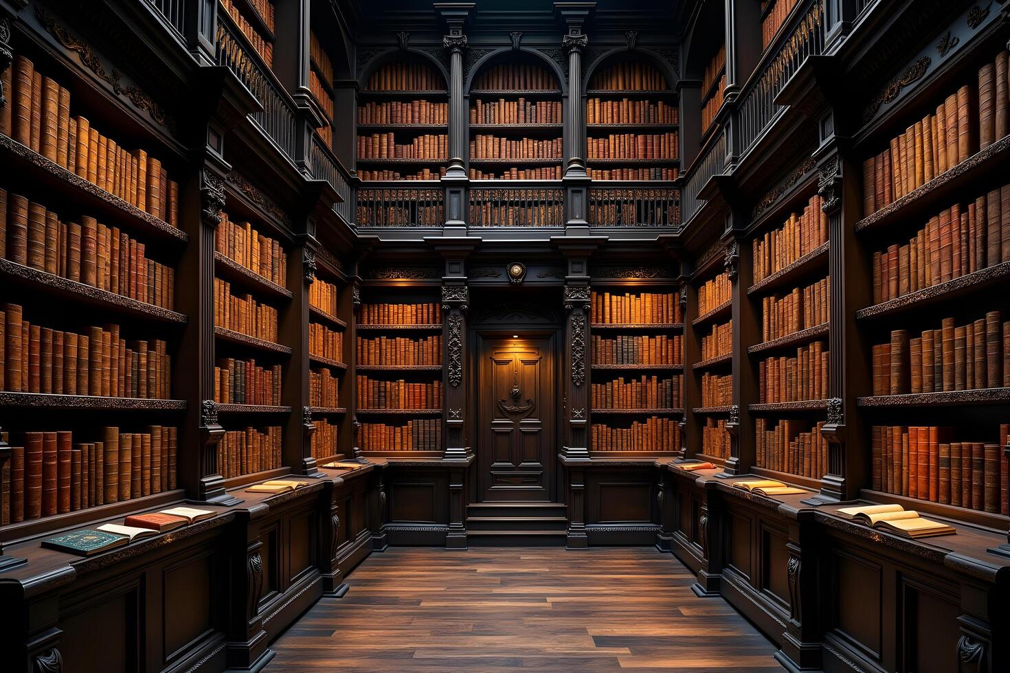 A long room with lots of books on shelves photo