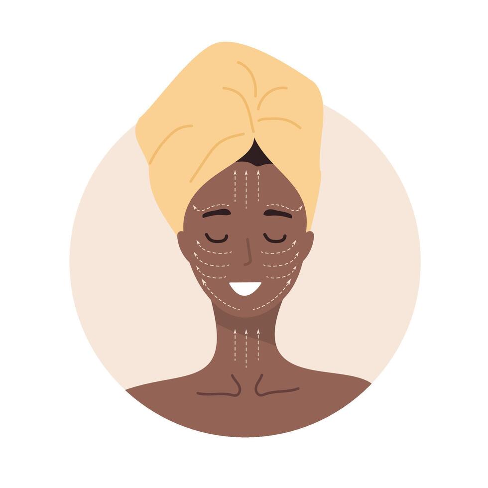 Facial massage. African woman portrait with lymphatic massage scheme. Morning routine. Skin care concept. illustration in flat cartoon style vector