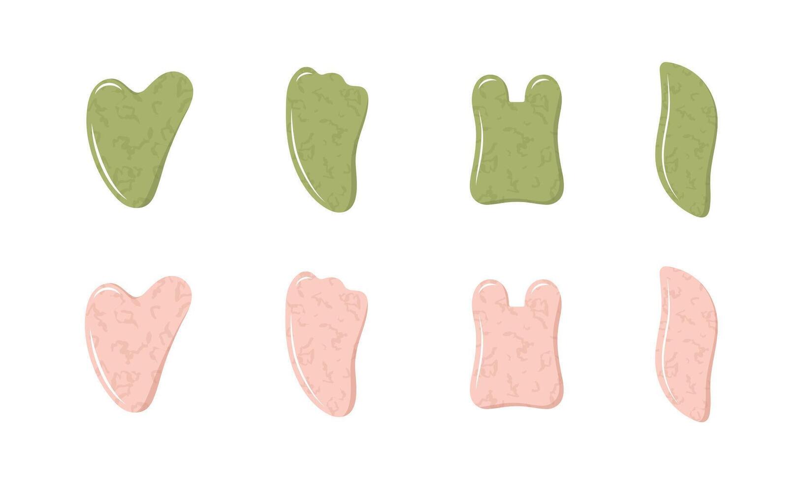Gua sha for facial massage. Collection of different shape natural pink quartz and green nephrite stones. Skin care and morning routine. illustration in flat cartoon style vector