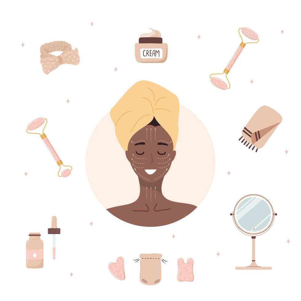 Jade facial roller. Chinese gua sha massage. African woman portrait with lymphatic massage scheme. Chinese skin care concept. Morning routine. illustration in flat cartoon style vector