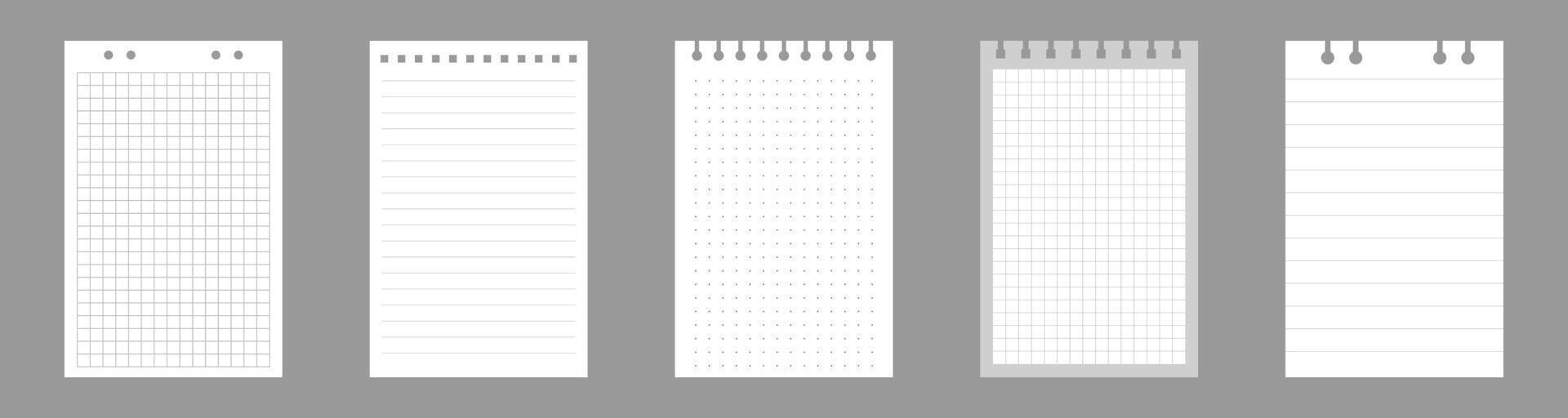 Set of notebook sheets isolated on gray background. Realistic white blanks of checkered, lined and dots paper. Different vertical pages from diary. template vector