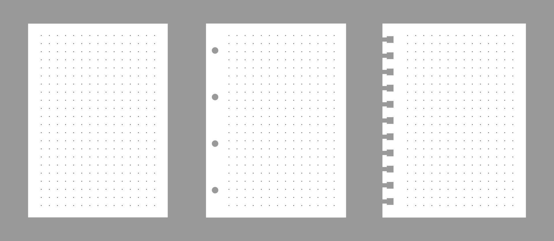 Set of notebook sheets isolated on gray background. Realistic white blanks of dots paper. Different vertical pages from diary. template vector