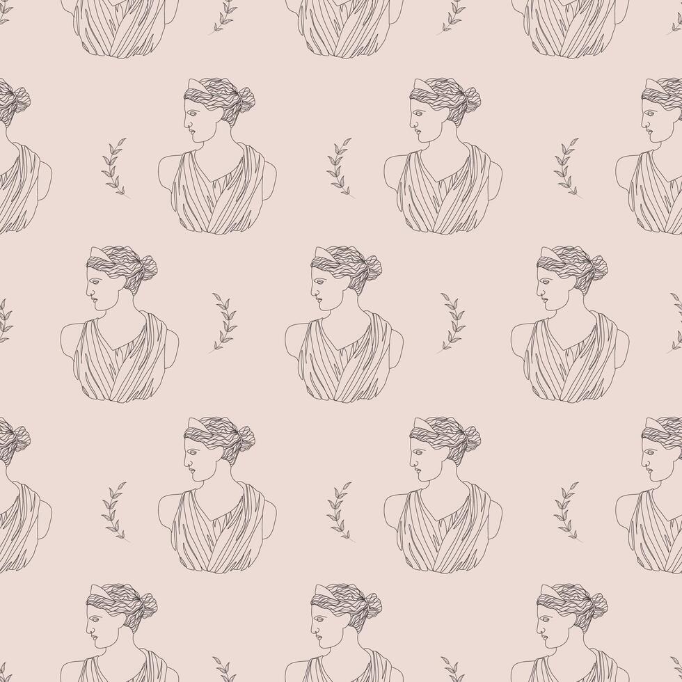 Seamless pattern with ancient greek sculptures. Linear head of Artemis. Goddess antique statue. Trendy illustration in one line drawing style vector