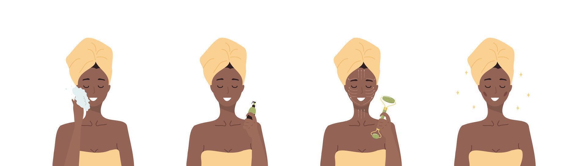 Facial massage steps. African woman do cosmetic spa procedures for face with jade nephrite roller. Morning routine. Skin care concept. Organic products. illustration in flat cartoon style vector