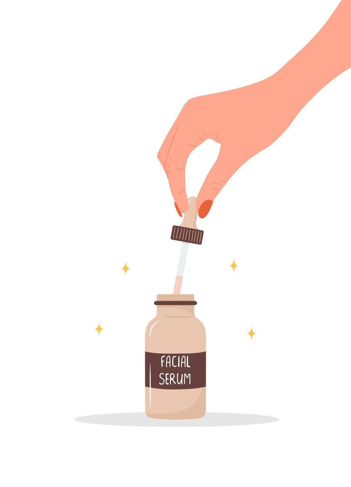 Hydrating facial serum. Skin care, moisturizing and hygiene concept. Morning routine. Brown serum mask bottle isolated on white background. illustration in flat cartoon style vector