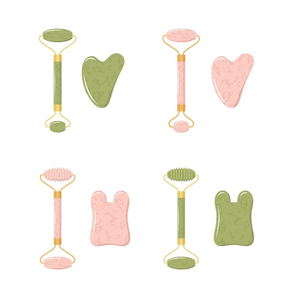 Gua sha scraper and jade roller for facial massage. Collection of different shape natural pink quartz and green nephrite stones. Skin care concept. illustration in flat cartoon style vector