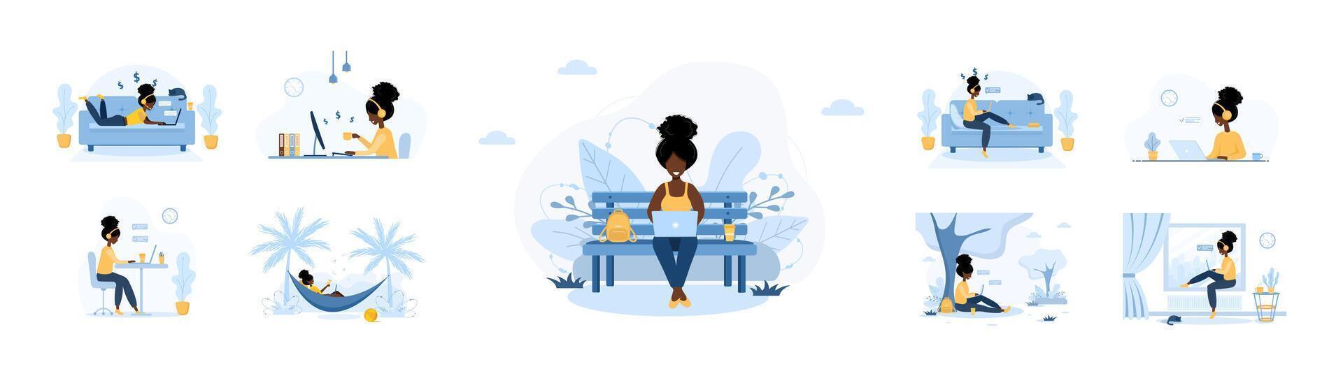 Work from home. Set of african women freelancer. Concept illustration for online working, studying, shopping, education. Girls with laptops chatting and blogging. illustration in cartoon style vector