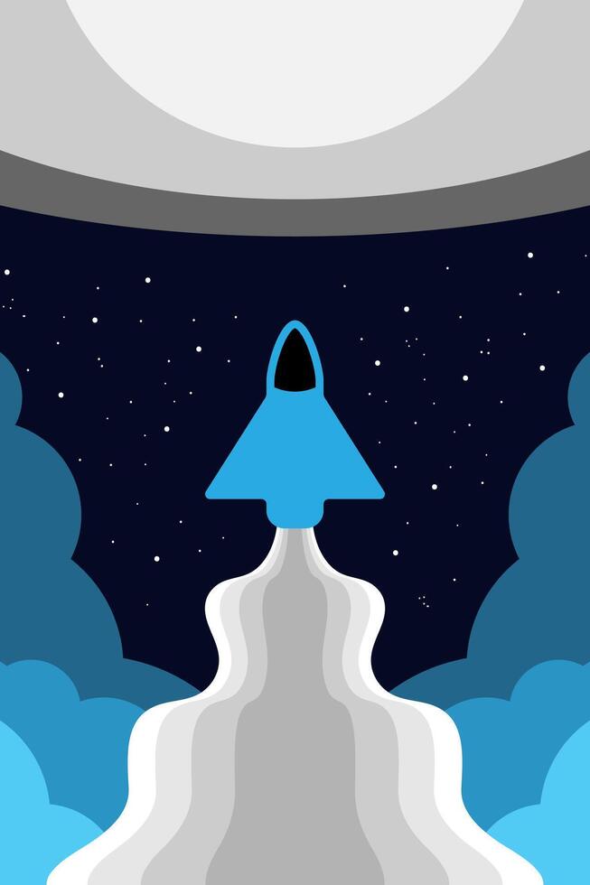 Flat design illustration of rocket launch at night on starry dark background vector