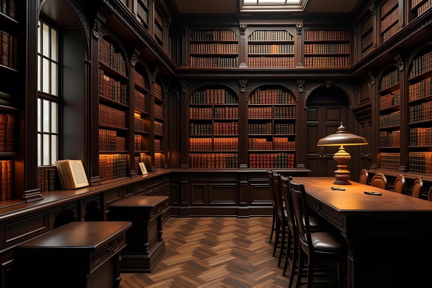A library with wooden tables and chairs photo