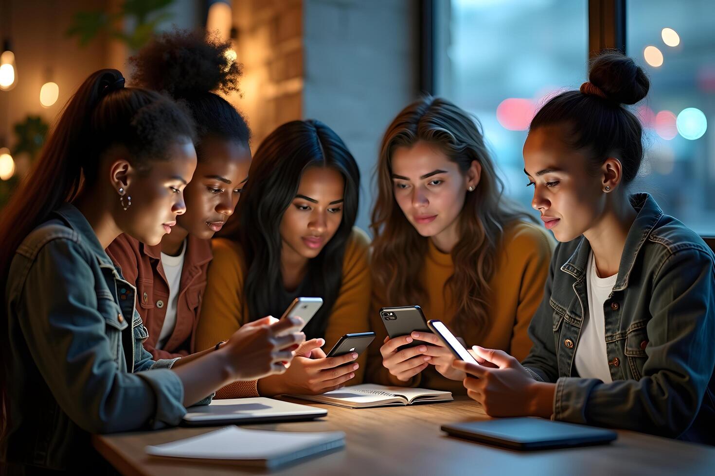 Four young women sitting at a table with their phones photo