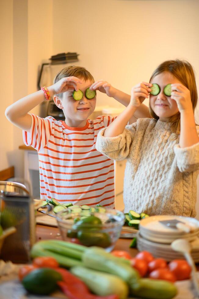 They smile at each other as they chop cucumbers, tomatoes, and peppers for the salad. photo