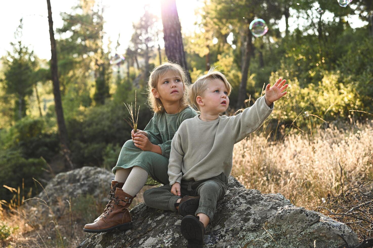 Hidden in the heart of a mystical forest, two children sit on a rock, reaching out to touch the delicate soap bubbles floating by. photo
