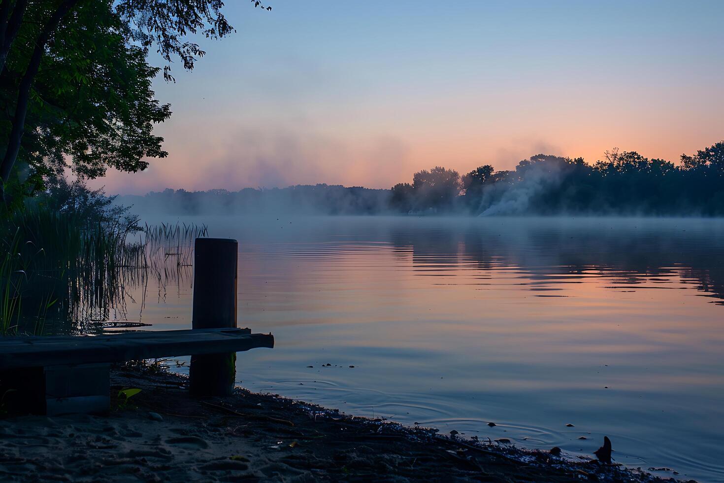 A bench sitting on the shore of a lake photo