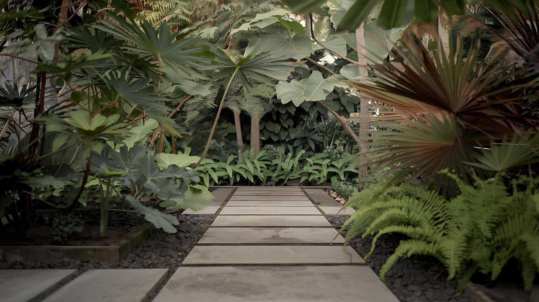 A pathway through a tropical garden with plants and trees photo