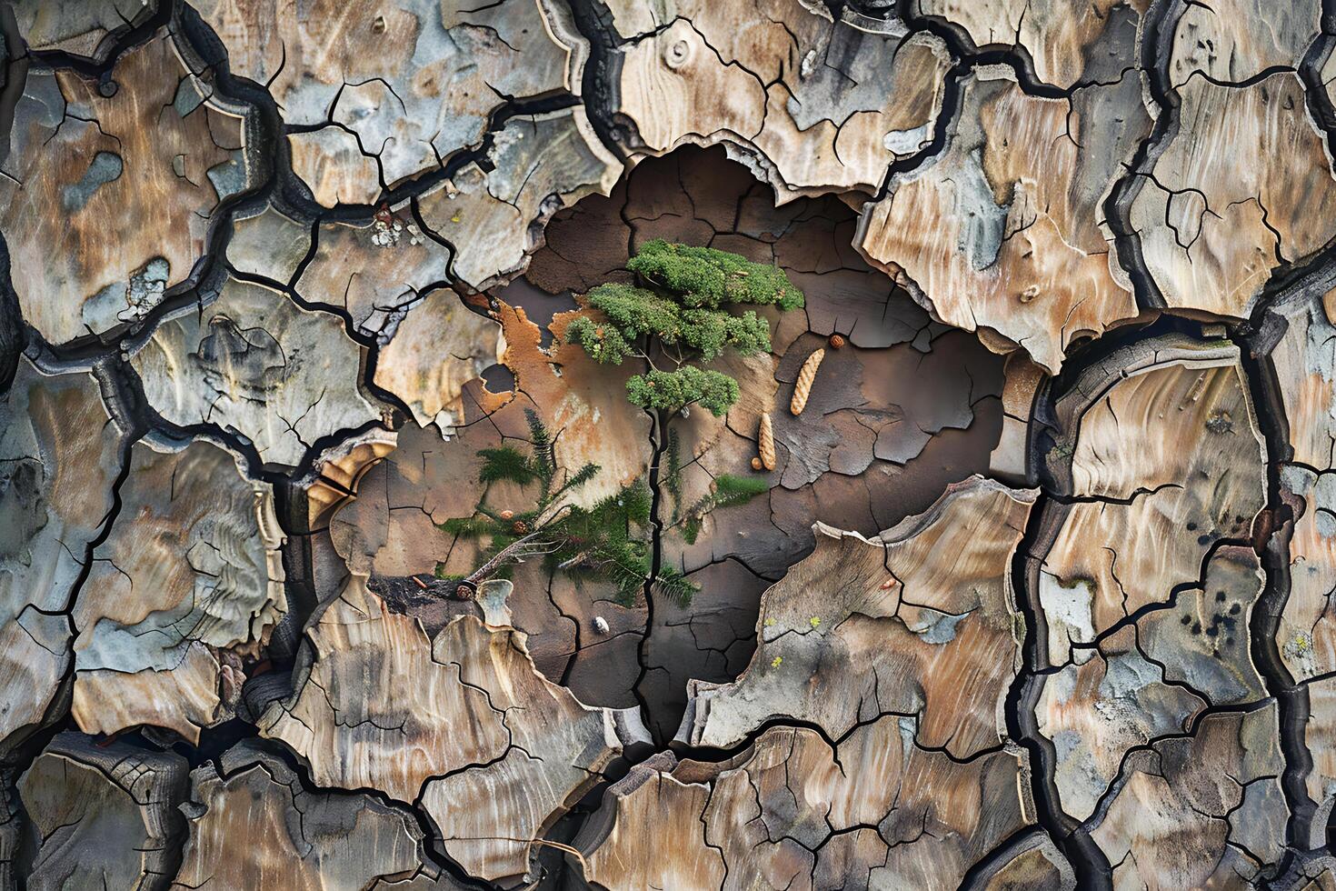 A tree is growing out of a hole in a tree photo