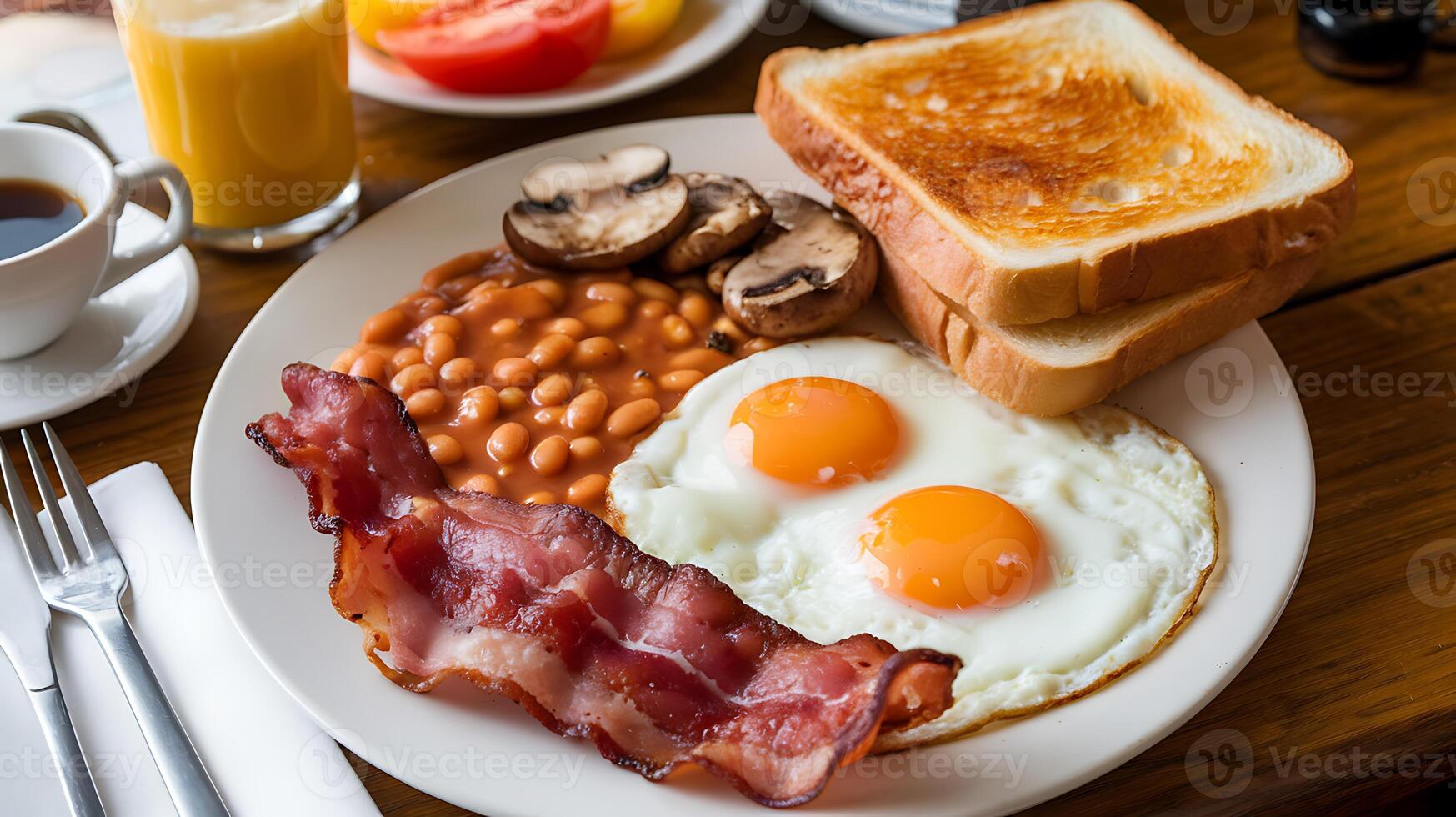 A breakfast plate with toast, eggs, beans, mushrooms, and bacon photo