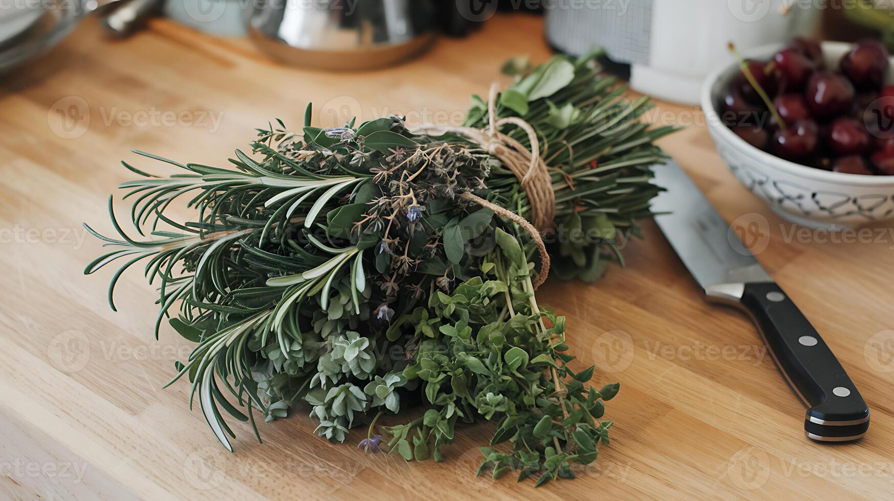 A bunch of herbs on a table with a knife photo