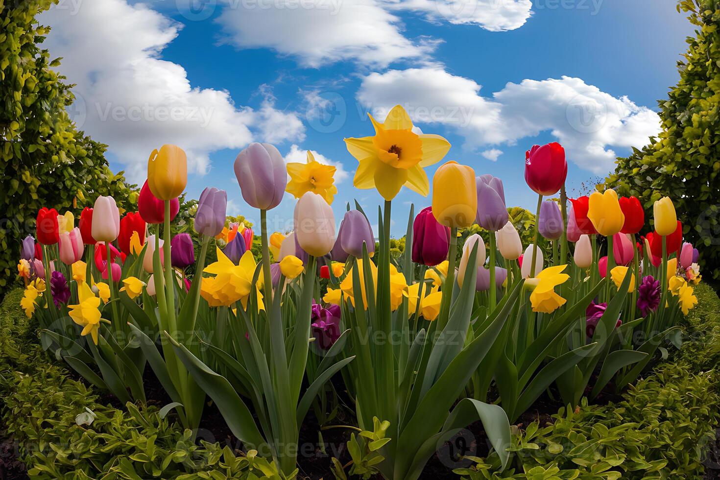 A field of colorful flowers with a blue sky in the background photo