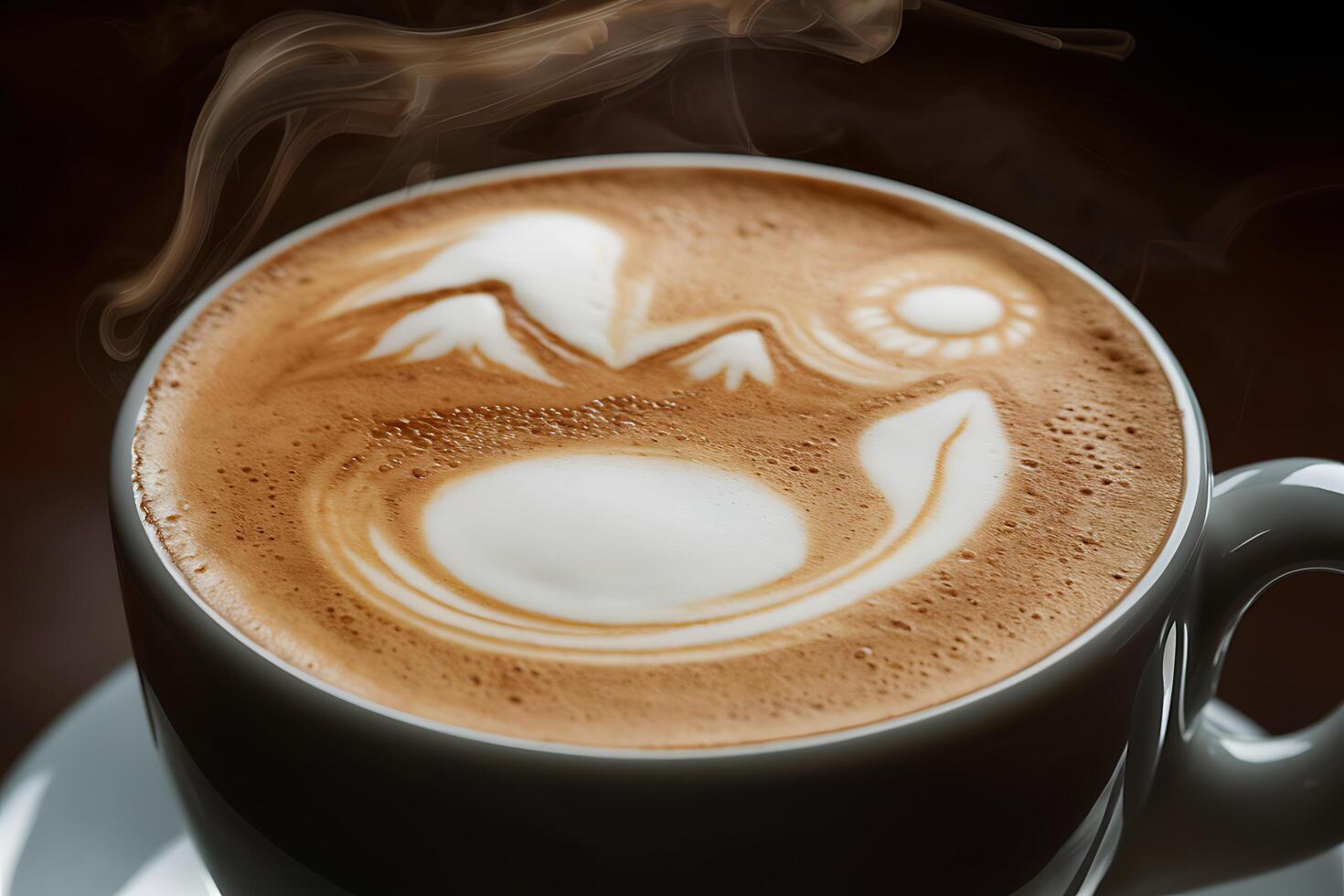 A cup of coffee with a mountain in the middle photo